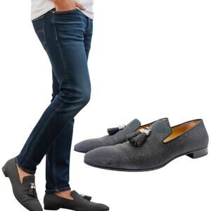 Christian Louboutin Rivalion Nylon Metallic Loafers Black Tassels Size 44